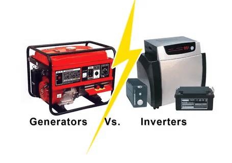 Traditional red generator compared with inverter devices showing a visual power comparison.