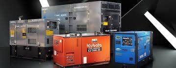 Multiple industrial diesel generators in different colors, including Kubota, for high-capacity power generation.