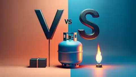 Natural gas vs propane generator fuel comparison showing gas cylinder and flame.