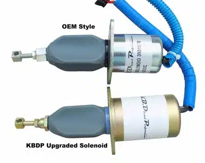 Comparison between OEM style fuel shut-off solenoid and an upgraded performance solenoid for diesel engines.