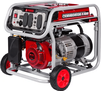 Portable 5000 watt generator with red frame and wheels.