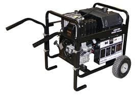 Black portable diesel generator equipped with wheels for mobility and home or job site use.