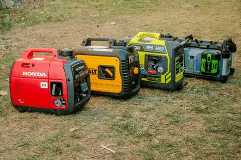 Honda, Dewalt, Ryobi, and other compact inverter generators placed outdoors for comparison.