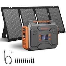 Solar-powered portable generator kit with foldable solar panels for outdoor and backup use.