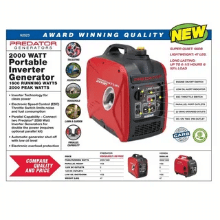 Predator 2000 watt portable inverter generator with specifications and features listed.