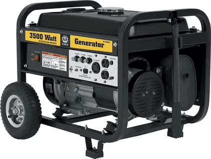 Black 3500 watt portable generator with wheels and multiple outlet panel for powering appliances and tools.