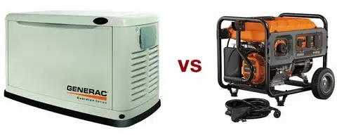 Visual comparison showing differences between a permanent standby generator and a portable generator.