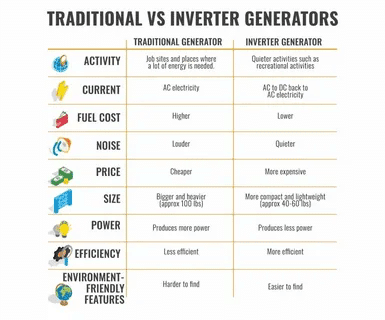 Comparison chart showing differences in activity, current type, noise, cost, and efficiency between inverter and traditional generators.